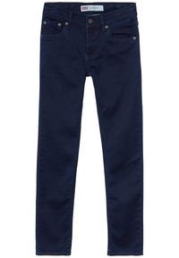 Vaqueros skinny de color azul oscuro, fabricados en denim, que cuentan con bolsillos laterales y traseros con detalles en metal plateado y un diseño clásico de cinco bolsillos.