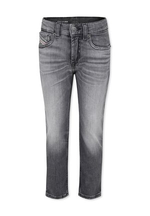 Jeans in denim grigio con un design sbiadito, stile a cinque tasche, chiusura frontale con bottone e dettagli di cucitura sottili. Vestibilità dritta.