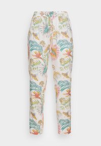 Pantalon léger à imprimé floral avec des feuilles tropicales et des fleurs en rose, vert et jaune. Dispose d'une taille élastique et d'un cordon de serrage.