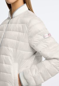 Lichtgrijze pufferjack met horizontale gestikte ontwerpen, textuurstof, geribbelde kraag en een label op de linkermouw.