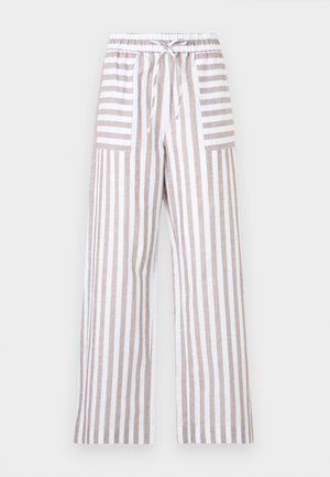 Pantaloni evazați cu dungi verticale bej și albe, talie elastică, șnur de ajustare și două buzunare aplicate frontale cu dungi orizontale.