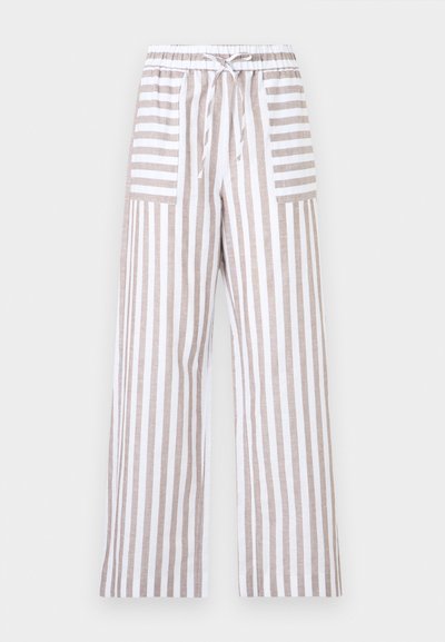 Παντελόνια με φαρδιά πόδια με κάθετες μπεζ και λευκές ρίγες, ελαστική μέση, κορδόνι και δύο μπροστινές τσέπες με οριζόντιες ρίγες.