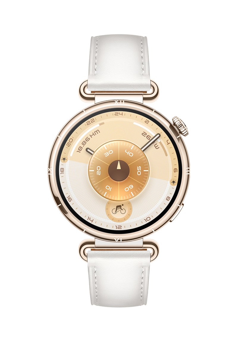 Round watch with gold-tone metal case, white leather strap, and an ombre dial featuring concentric circles in gold and beige tones.
