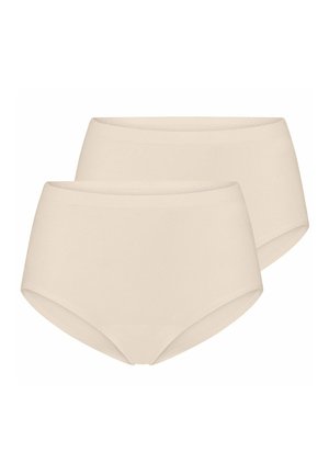 Zwei beige nahtlose Damenunterhosen mit hoher Taille gestapelt, schlichtes Design, dehnbarer Stoff, keine sichtbaren Muster oder Verzierungen.