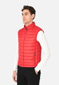 Gilet imbottito rosso con colletto alto e zip frontale completa. Presenta tasche laterali e una texture trapuntata. Indossato sopra una camicia bianca a maniche lunghe.