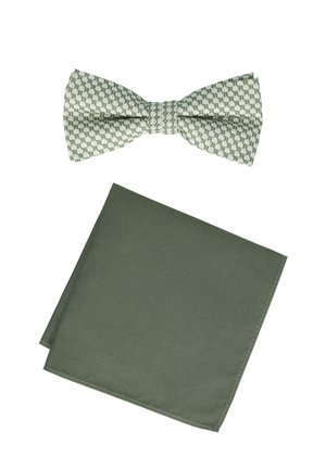 Hellgrüne, gemusterte Fliege kombiniert mit einem einfarbigen, dunkelgrünen Einstecktuch auf weißem Hintergrund.