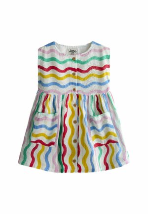 Bezrekawną sukienka dla malucha z wielokolorowymi falistymi paskami, drewnianymi guzikami z przodu oraz dwoma przednimi kieszeniami.