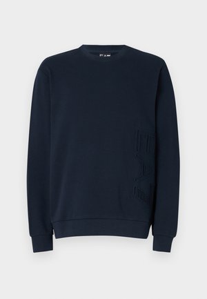 Navy crewneck sweatshirt with textured "EAT" design on the left front. Made from soft fabric, features cuffs and a subtle elastic hem.