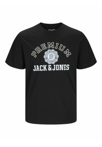 Čierne bavlnené tričko s krátkymi rukávmi, s bielym a modrým textom: "PREMIUM JACK & JONES" a modrým kruhovým logom.