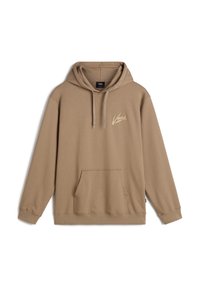Sweat à capuche beige en mélange de coton. Il comprend une poche avant, une capuche avec cordon de serrage et un logo "Vans" discret en beige clair. Manches longues.