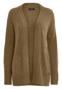 Khaki cardigan gemaakt van zachte, gestructureerde stof met een open voorzijde, ribbels aan de onderkant en geen sluitingen. Lange mouwen en een ontspannen pasvorm.