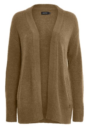 Khaki cardigan gemaakt van zachte, gestructureerde stof met een open voorzijde, ribbels aan de onderkant en geen sluitingen. Lange mouwen en een ontspannen pasvorm.