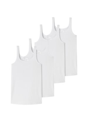 Quattro canottiere bianche in cotone con spalline a costine e taglio dritto. Etichette visibili nella zona del collo. Design semplice, senza motivi o dettagli.