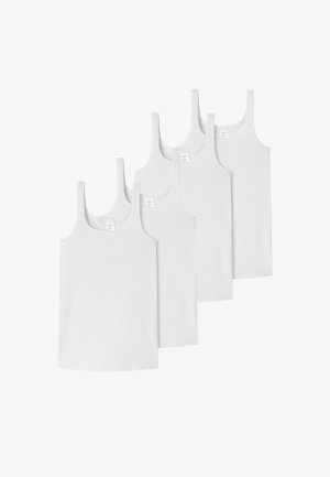 Quattro canottiere bianche in cotone con spalline a costine e taglio dritto. Etichette visibili nella zona del collo. Design semplice, senza motivi o dettagli.