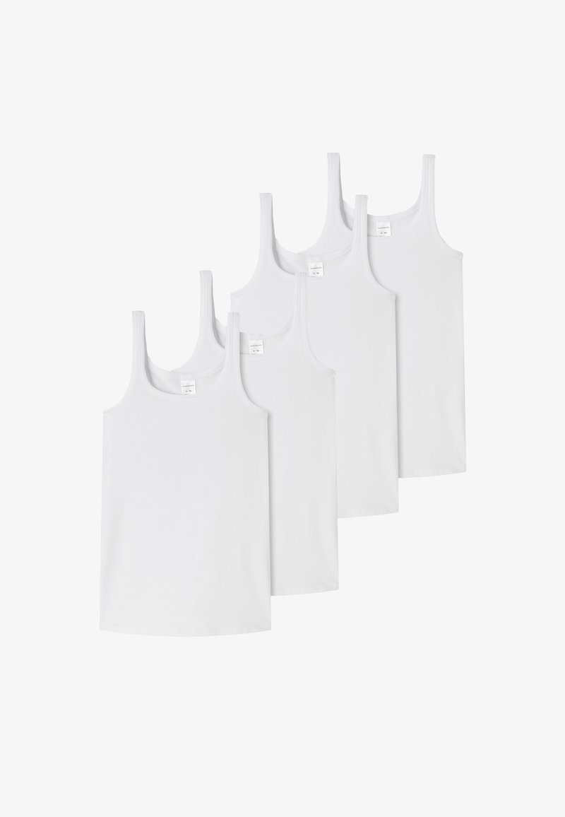 Cztery białe bawełniane topy na ramiączkach z prążkowanymi ramiączkami i prostym krojem. Metki widoczne w okolicy kołnierza. Prosty design, bez wzorów czy akcentów.