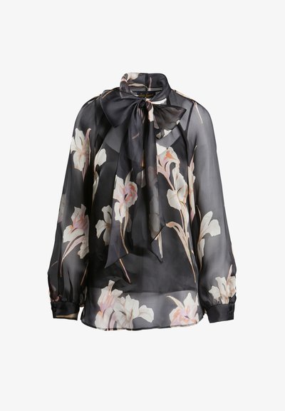 Black sheer blouse with floral print in soft pastel colors, featuring a bow tie neck, long sleeves, and elastic cuffs. Lightweight fabric.