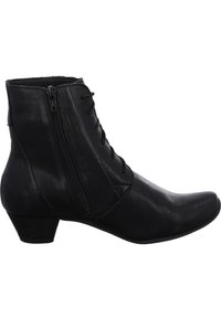 Black leather ankle boot with a pointed toe, featuring front laces and a side zipper, and a low stacked heel for stability.