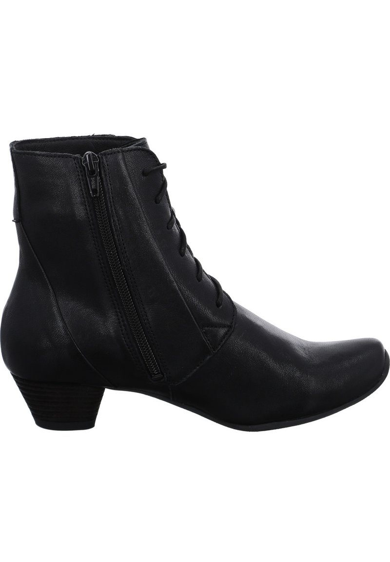 Black leather ankle boot with a pointed toe, featuring front laces and a side zipper, and a low stacked heel for stability.