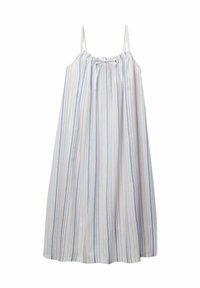 Robe rayée avec bretelles ajustables ; fabriquée en tissu léger dans des couleurs pastel avec de fines rayures verticales et un col élastique.