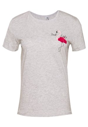 Hellgraues T-Shirt mit kurzen Ärmeln, das ein pinkes Flamingo-Graphic und den Text "Pink Lady" auf der oberen linken Brust zeigt.