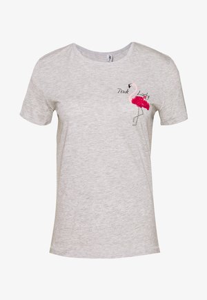 Light grey short-sleeve t-shirt with a pink flamingo graphic and "Pink Lady" text on the upper left chest.