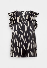 Black sleeveless top featuring a v-neck and ruffled shoulder accents. The fabric displays a contrasting abstract pattern in cream.