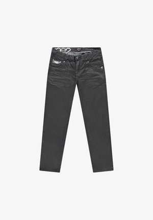 Zwarte broek van een katoenmengsel met een rechte snit, voorzien van twee voorzakken, zichtbare stiksels en subtiele slijtage-details.