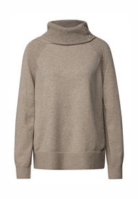 Beige trui met een hoge hals, voorzien van een textuur bovenstuk en een gladde body. Inclusief zijknopen en ribgebreide manchetten en zoom.