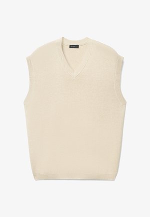 Pull sans manches à col en V de couleur crème. Texture tricotée, encolure et ourlets côtelés. Design simple sans motifs ni accessoires supplémentaires.