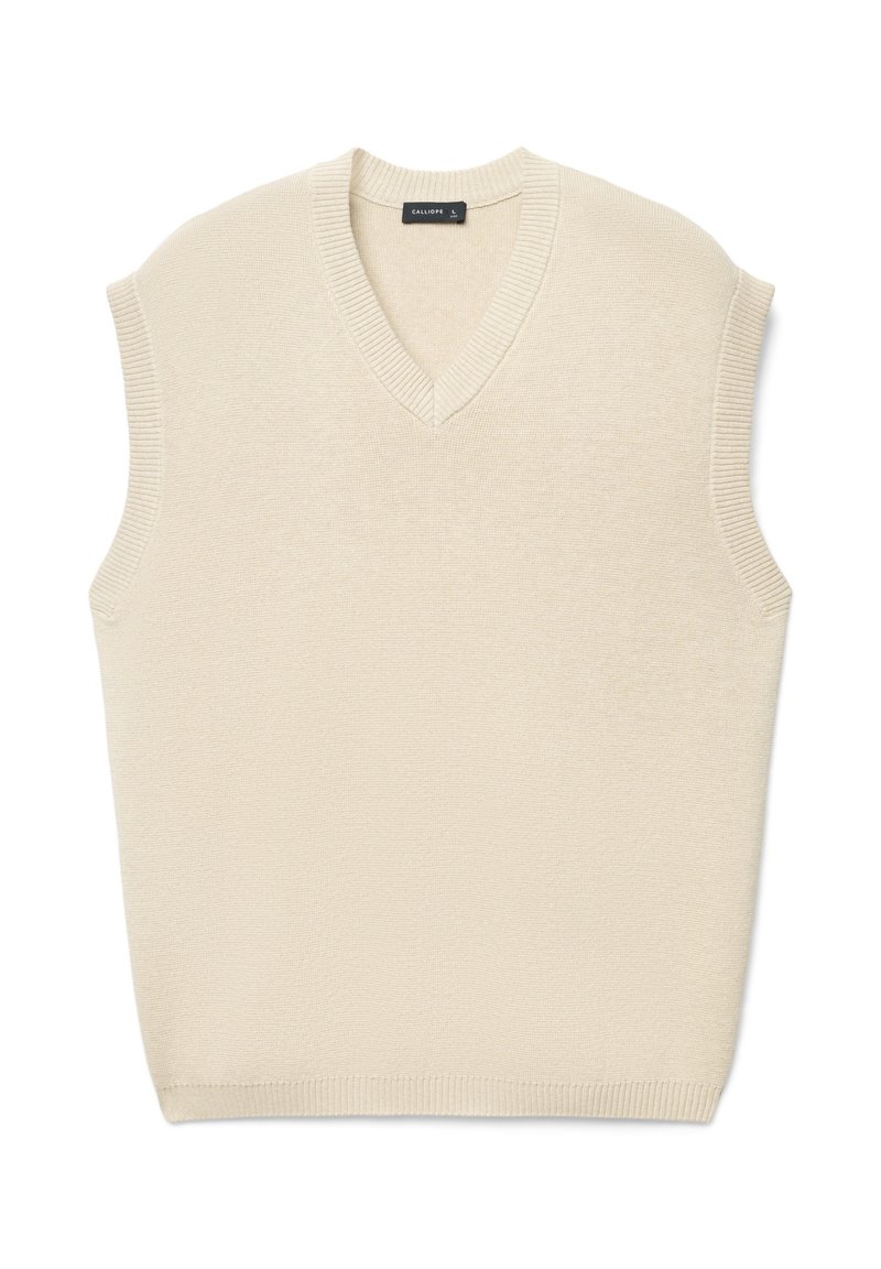 Ärmelloser Pullover mit V-Ausschnitt in Creme. Gestrickte Textur, gerippter Ausschnitt und Säume. Schlichtes Design ohne zusätzliche Muster oder Verzierungen.