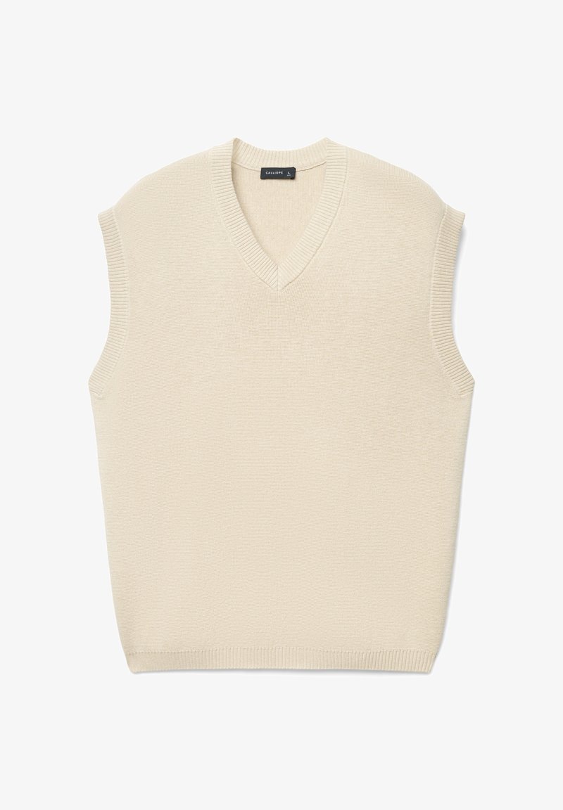 Ärmelloser Pullover mit V-Ausschnitt in Creme. Gestrickte Textur, gerippter Ausschnitt und Säume. Schlichtes Design ohne zusätzliche Muster oder Verzierungen.