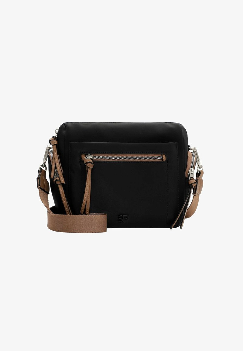 Black rectangular crossbody bag with brown adjustable strap, front zip pocket, and silver zipper details.