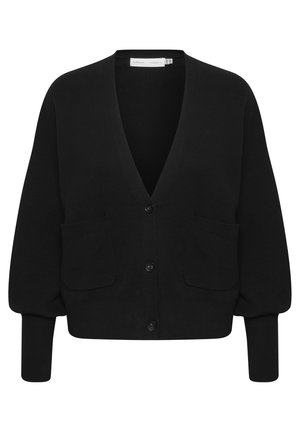 Cardigan noir à col en V, avec cinq boutons, deux poches avant et des manches bouffantes. Fabriqué en tissu tricoté doux avec une texture lisse.
