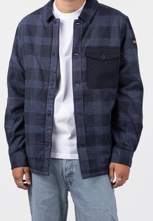 Mann trägt eine dunkelblaue karierte Hemdjacke mit einer schwarzen Brusttasche über einem weißen T-Shirt und hellblauen Jeans.