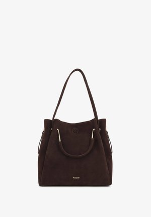 Temno rjava semišasta torba z dvojimi ročaji in kovinskimi detajli v zlati barvi, na spodnjem sredini označena z blagovno znamko "kazar".