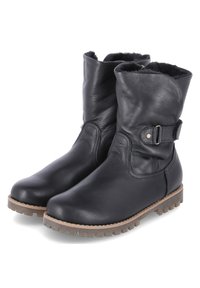 Bottines en cuir noir avec une pointe arrondie, un design décontracté et un détail de sangle sur le côté. Semelle en caoutchouc texturée avec un motif de traction.