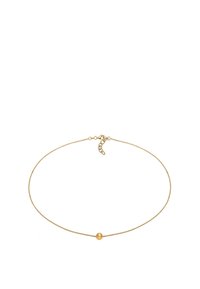 Collier en chaîne doré avec un accent sphérique lisse, présentant un design délicat et arrondi ainsi qu'un fermoir à ressort pour une longueur ajustable.