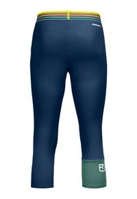 Navy three-quarter leggings with a multi-colored striped waistband and green lower cuffs, featuring a rectangular logo detail.