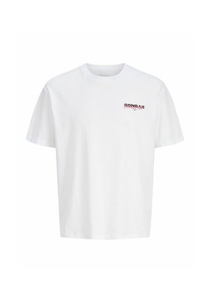 Bílý bavlněný tričko s kulatým výstřihem. Na hrudi má malý černý a červený grafický potisk. Krátké rukávy, uvolněný střih.