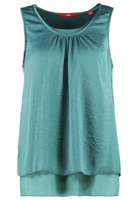 Blouse sans manches en satin sarcelle avec encolure ronde, pli devant et ourlet superposé.