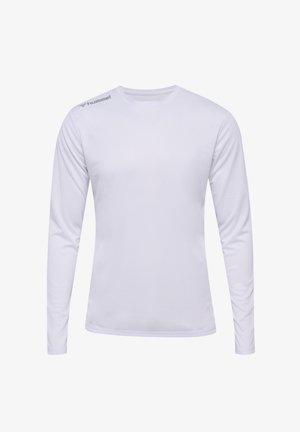 Langärmliges weißes Sportshirt mit strukturierter Oberfläche und grauem Logo auf der linken Schulter. Rundhalsausschnitt und taillierte Passform.