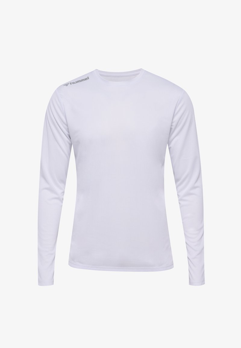 Langärmliges weißes Sportshirt mit strukturierter Oberfläche und grauem Logo auf der linken Schulter. Rundhalsausschnitt und taillierte Passform.