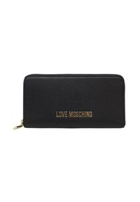 Black leather wallet with a zip closure. Features embossed "LOVE MOSCHINO" logo in gold, textured surface, and a sleek rectangular shape.