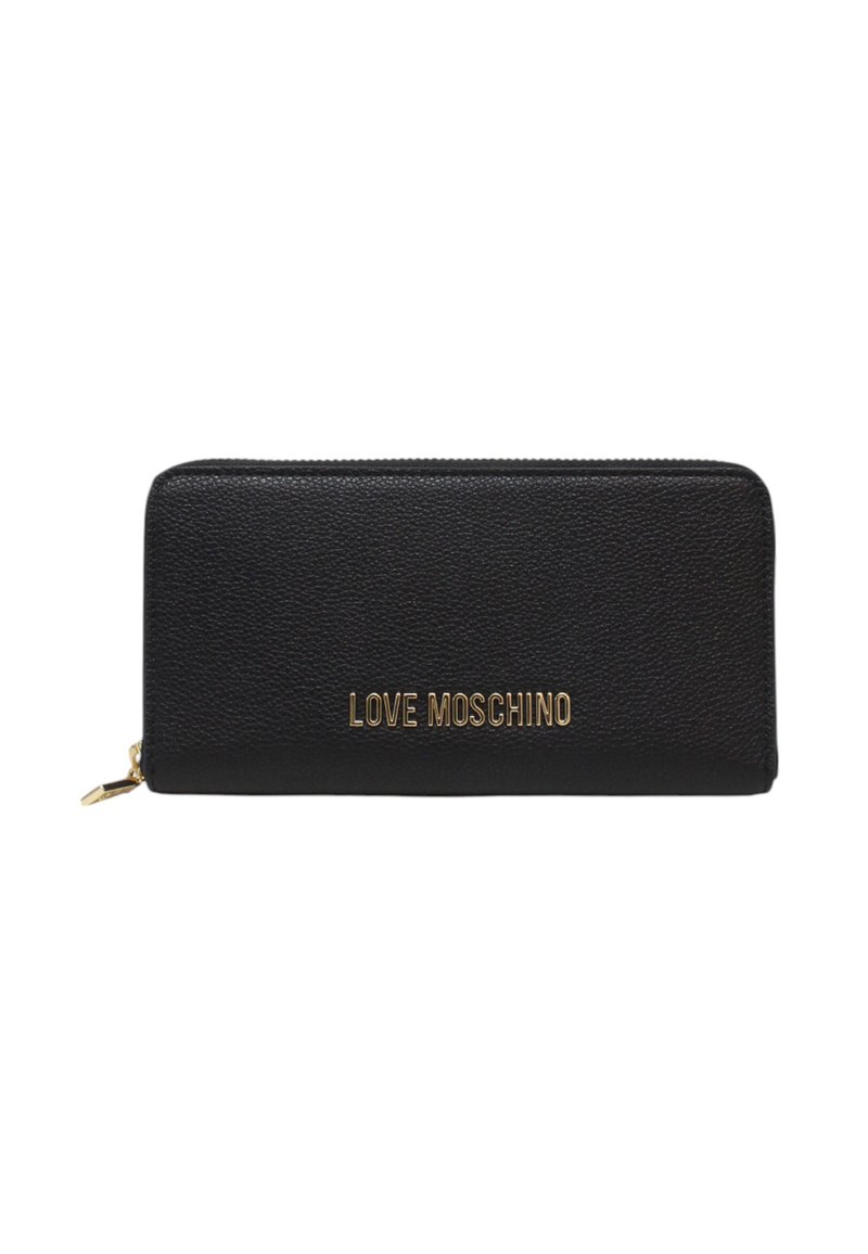 Black leather wallet with a zip closure. Features embossed "LOVE MOSCHINO" logo in gold, textured surface, and a sleek rectangular shape.