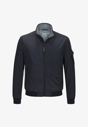 Marineblaues Bomberjackett mit Reißverschluss vorne, gerippten Bündchen, zwei Seitentaschen und einer Taschentasche am Ärmel. Leicht, mit glatter Textur und lässigem Design.