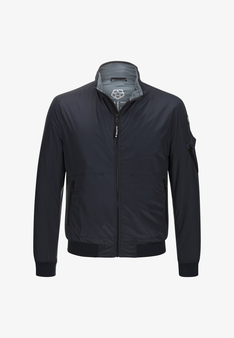 Marineblaues Bomberjackett mit Reißverschluss vorne, gerippten Bündchen, zwei Seitentaschen und einer Taschentasche am Ärmel. Leicht, mit glatter Textur und lässigem Design.