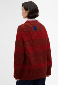 Gestreifter Pullover in Rot und Braun mit geripptem Muster, versehen mit einem blauen Detail auf der Rückseite, lässiger Schnitt und langenÄrmeln.
