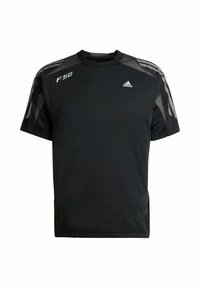 Crna atletska majica od lagane tkanine, s mrežastim panelima na ramenima, kratkim rukavima i bijelim adidas i F50 logotipima.