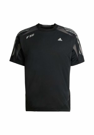 Crna atletska majica od lagane tkanine, s mrežastim panelima na ramenima, kratkim rukavima i bijelim adidas i F50 logotipima.