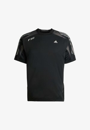 Zwarte sportieve t-shirt gemaakt van lichtgewicht stof, met mesh schouderpanelen, korte mouwen en witte adidas en F50 logo's.